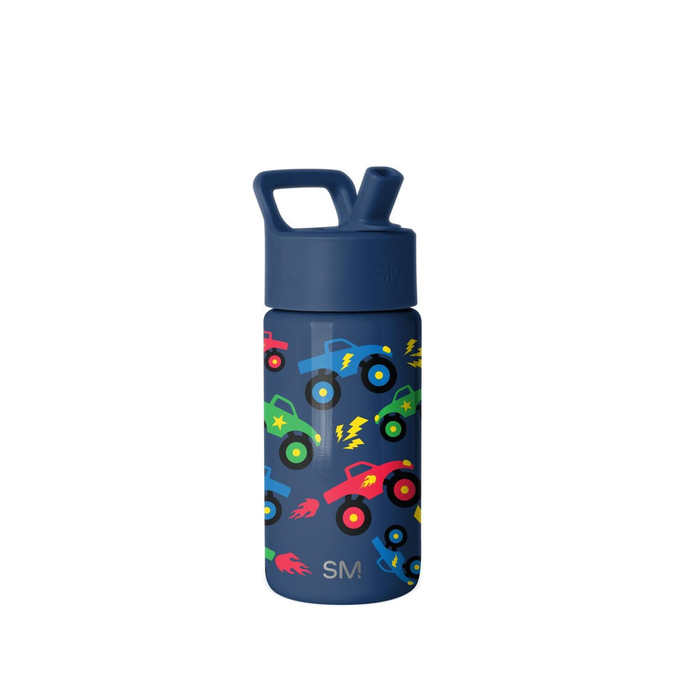 Simple Modern Kids Summit Monster Truck bottle front view with straw lid showing cold drink capability