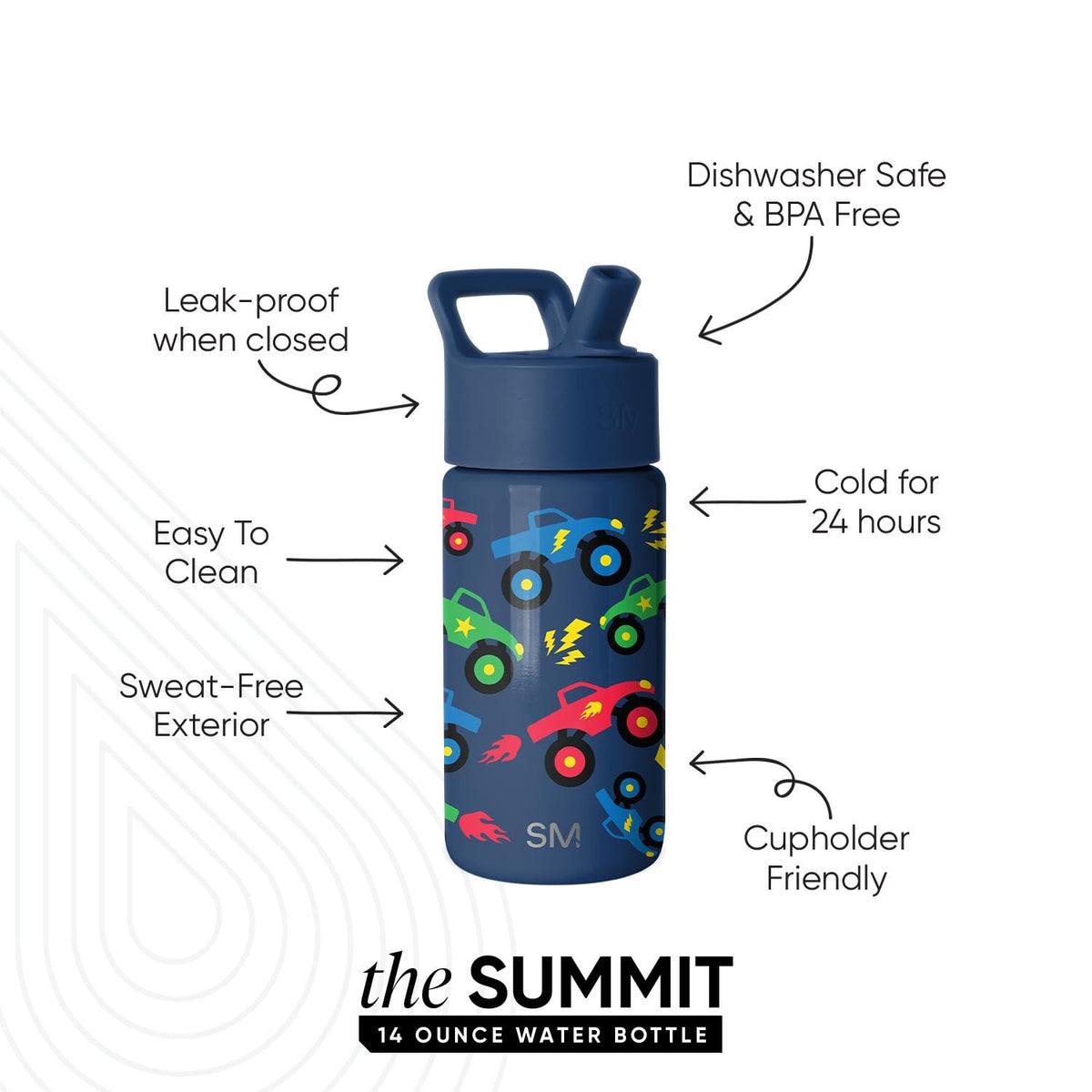 Simple Modern Kids Summit Monster Truck bottle side view with straw lid for school use