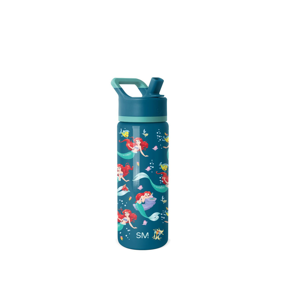 Simple Modern Kids Summit bottle with straw lid in Ariel design, keeps drinks cold for hours.