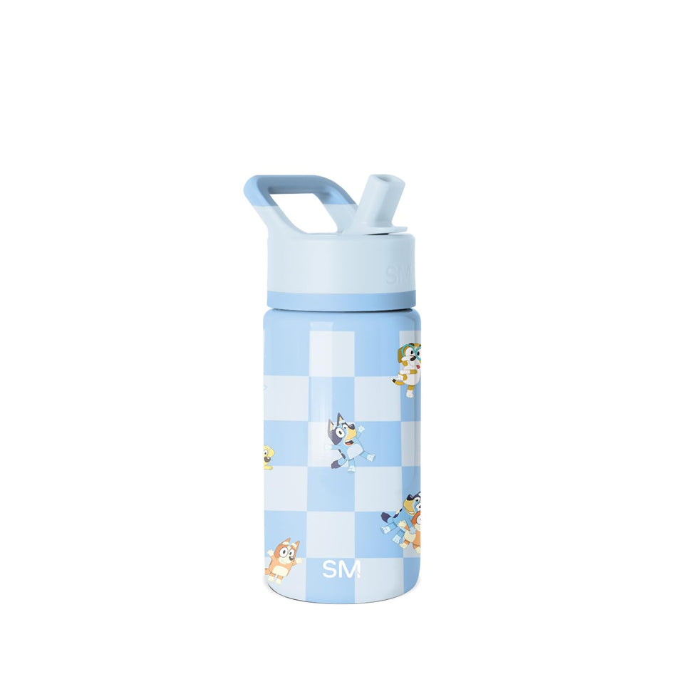 Simple Modern Kids Summit bottle with straw lid, Bluey Checkmate, front view showing easy access