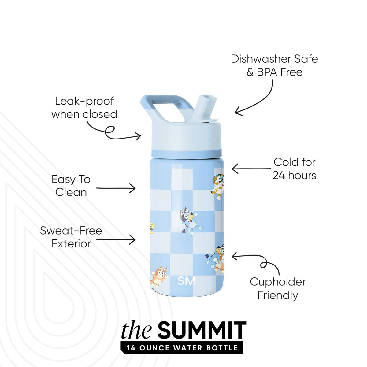 Simple Modern Kids Summit bottle with straw lid, Bluey Checkmate, side view for portability