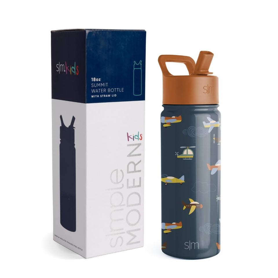 Simple Modern Kids Summit bottle with straw lid, front view, keeps beverages cold for hours.