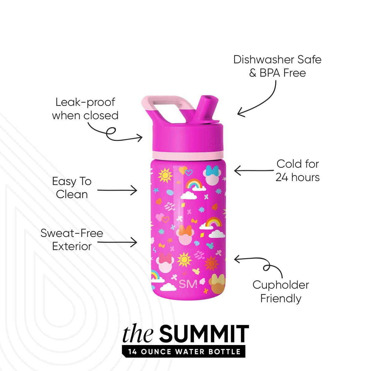 Simple Modern Minnie Doodle bottle side view with straw lid, easy to sip.