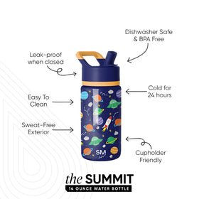 Close-up of straw lid on Simple Modern Summit bottle, Outer Space print, leakproof when closed.