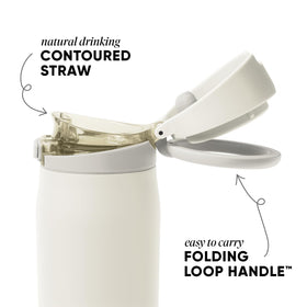 Simple Modern Mesa Loop cashew-cap bottle shows secure cap for spill-proof travel.