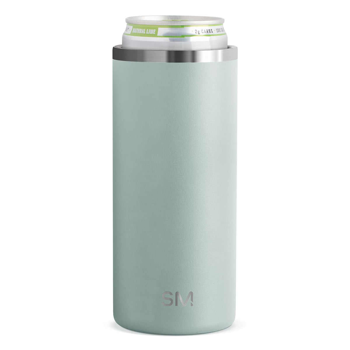 Simple Modern skinny can cooler in Sea Glass Sage on a table keeps 12oz slim cans cold