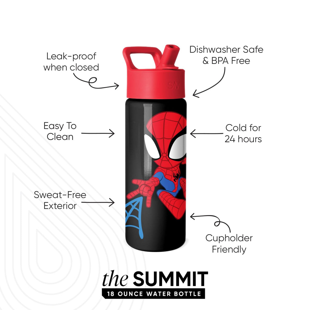 Simple Modern Spidey Kid Summit bottle side view shows handy cupholder compatibility.