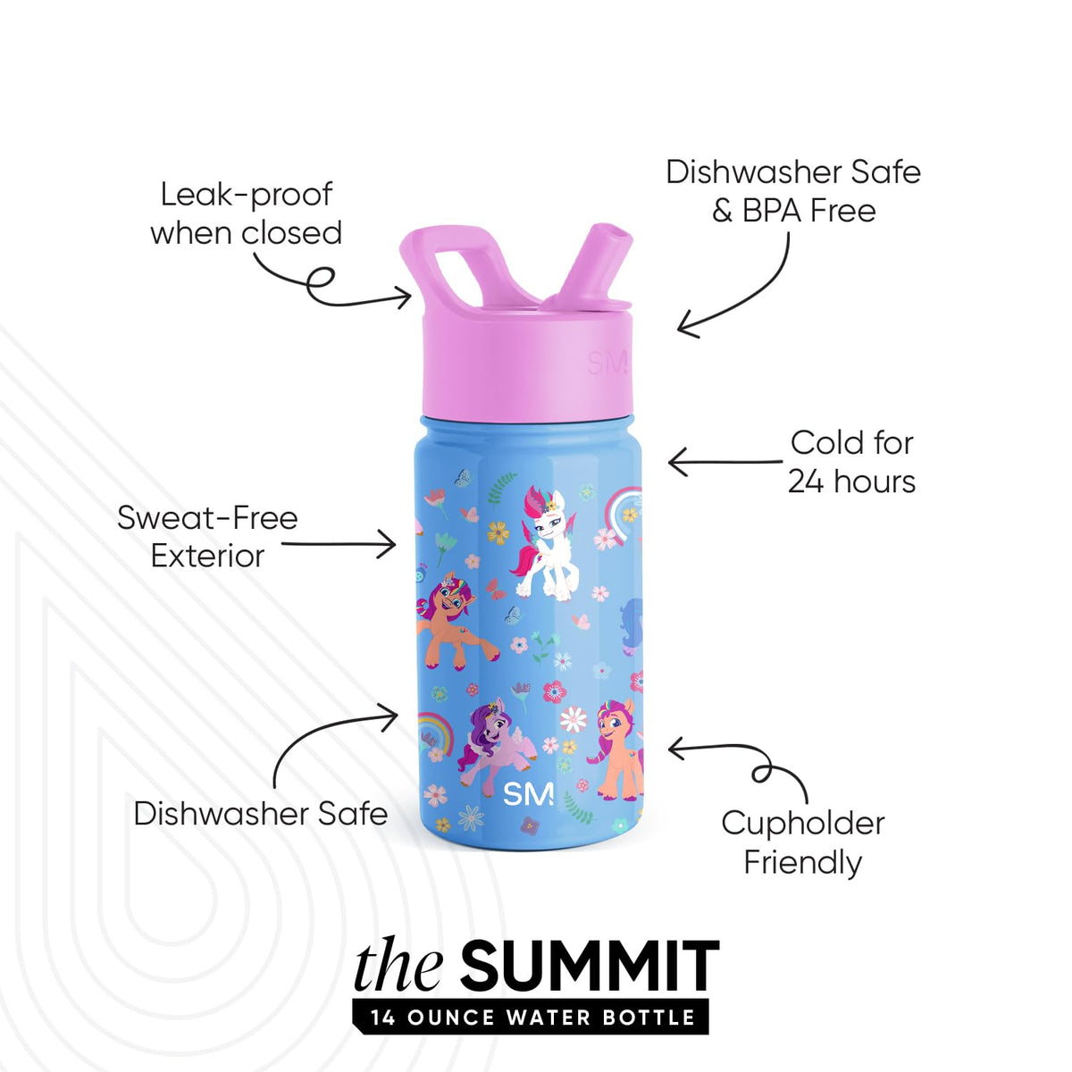 Simple Modern Summit 14oz stainless steel bottle close-up with leakproof straw lid