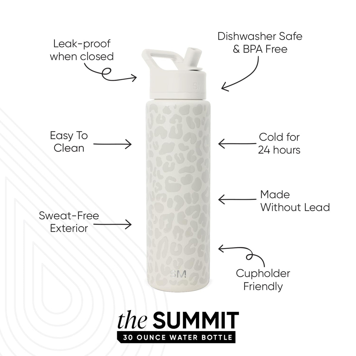 Simple Modern Summit 30oz cream leopard bottle straw-lid close-up shows leak-proof seal