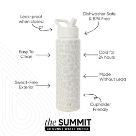 Simple Modern Summit 30oz cream leopard bottle straw-lid close-up shows leak-proof seal