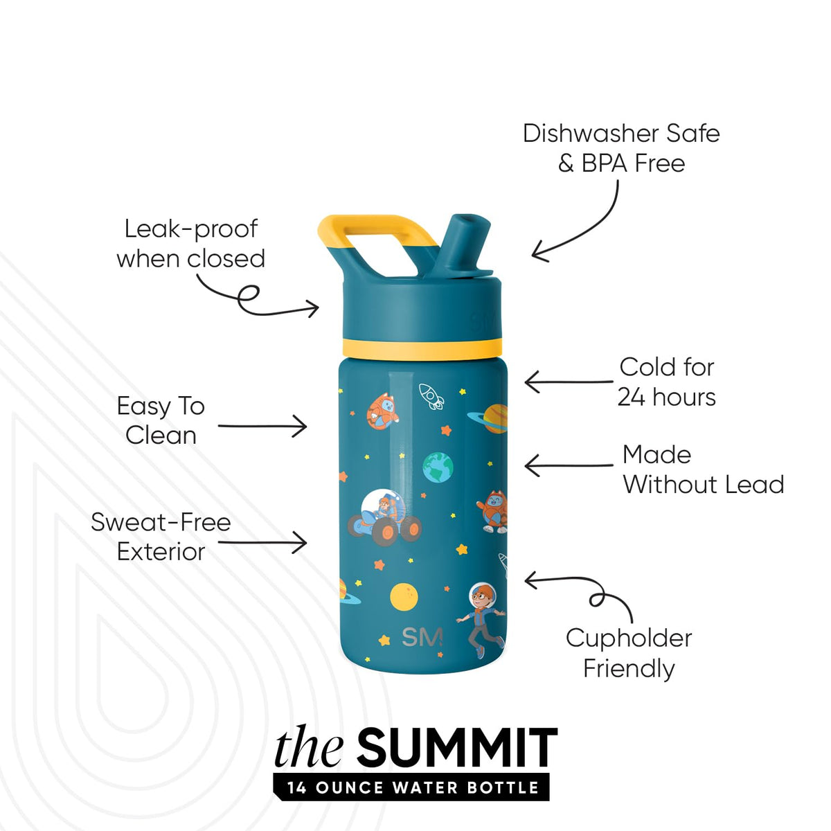 Simple Modern Summit kids bottle leakproof close-up demonstrates secure sealing for travel.