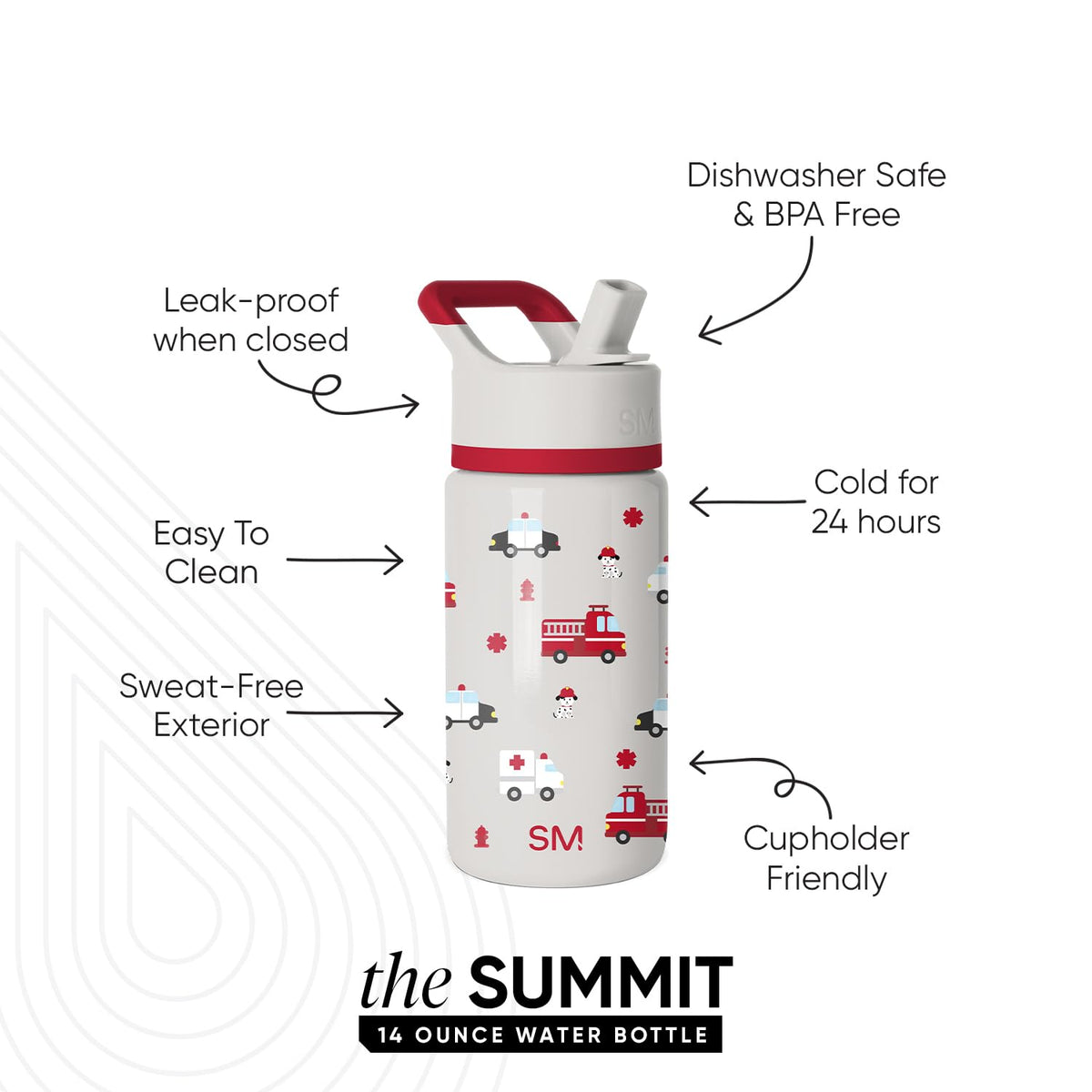 Simple Modern Summit kids bottle with leakproof nozzle prevents spills on the go.