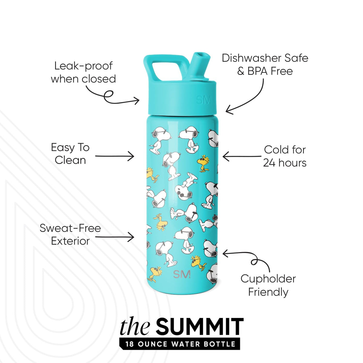 Peanuts Snoopy Woodstock design on Simple Modern Summit bottle for kid-friendly style.