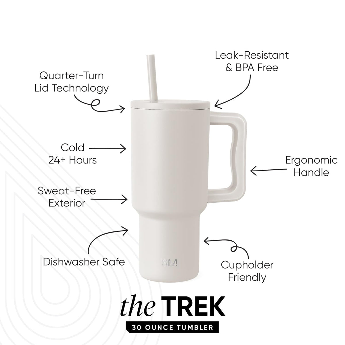 Simple Modern Trek 30oz tumbler shows leak-resistant lid for spill-free travels.