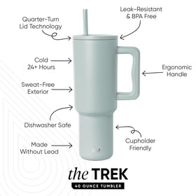 Trek 40 oz tumbler with straw lid ideal for on the go hydration during commutes.
