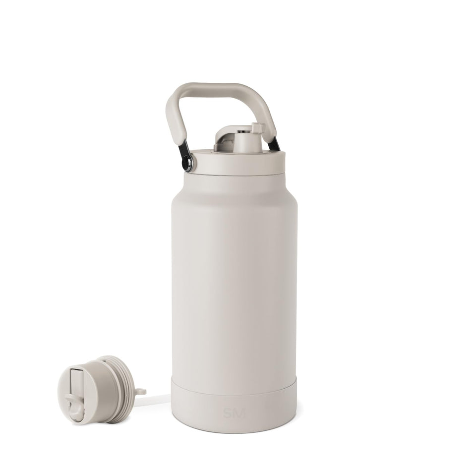 Simple Modern Trek Pivot 64oz bottle almond birch with handle for long road trips.