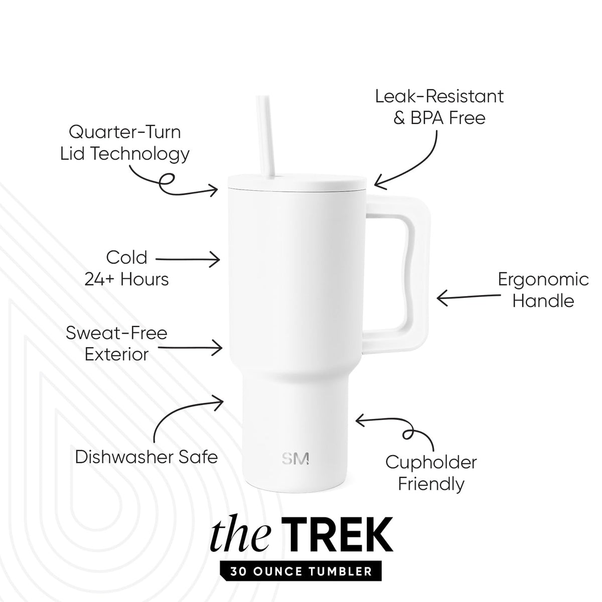Simple Modern Trek straw lid with four-way placement for right or left-handed sipping