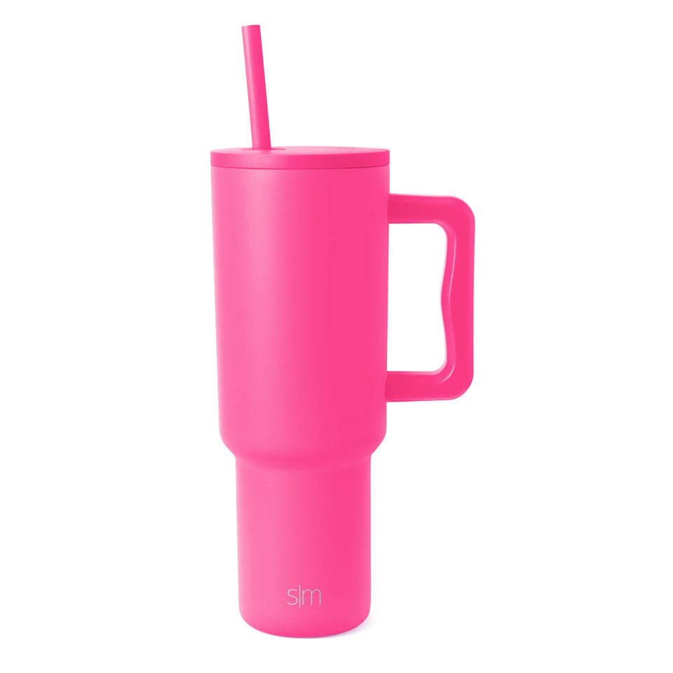 Simple Modern Trek Tumbler with Raspberry Vibes handle keeps drinks at temperature on the go