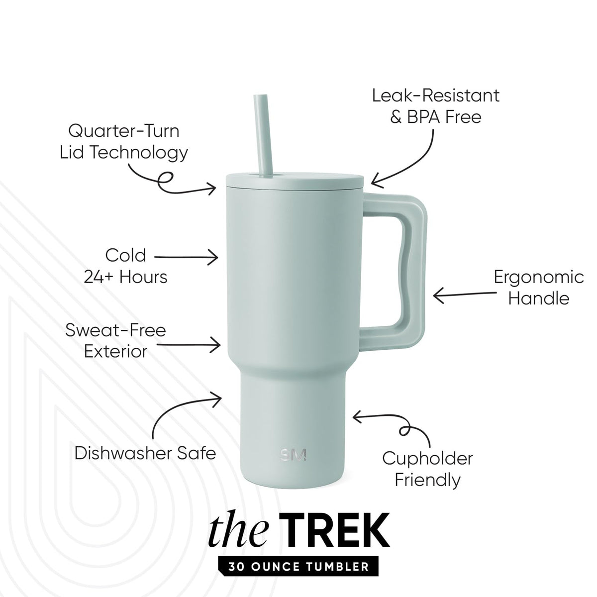 Trek tumbler straw lid with four-way threading for flexible straw placement.