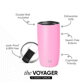 Voyager double-wall insulation maintains temperature for hot or iced beverages