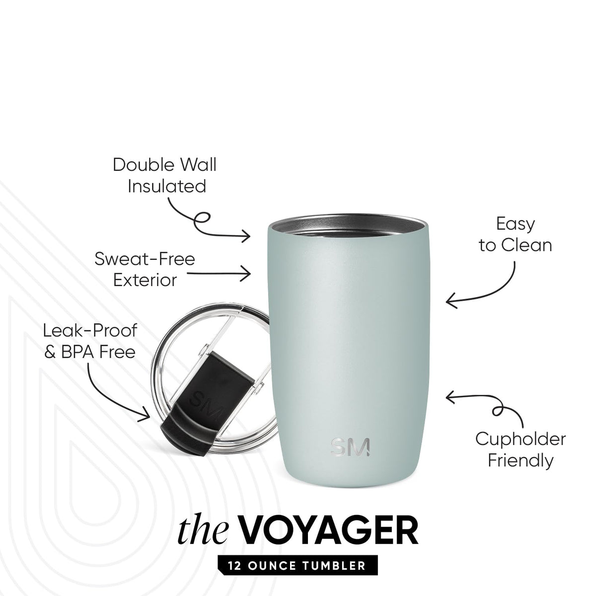 Simple Modern Voyager tumbler sea glass sage flip lid close-up emphasizes leakproof, easy sipping.