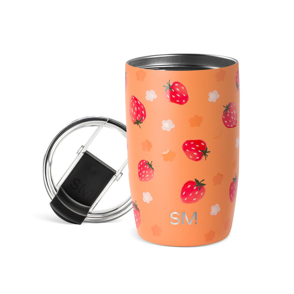 Simple Modern Voyager tumbler with flip lid in Strawberry Fields keeps drinks secure on the go.
