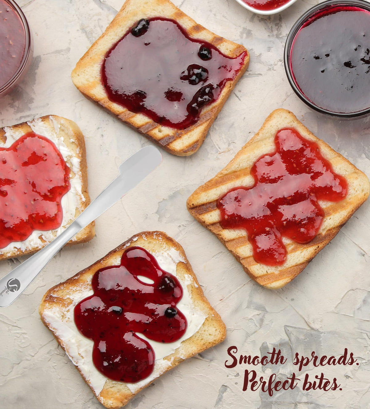 Simple Preading spreader knife bottom-jar-scrape helps cleanly scoop thick jams.