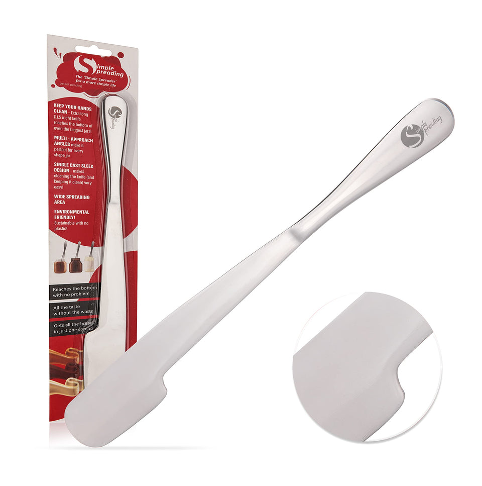 Simple Preading stainless steel spreader knife reaches jar bottom for smooth, even spreading.