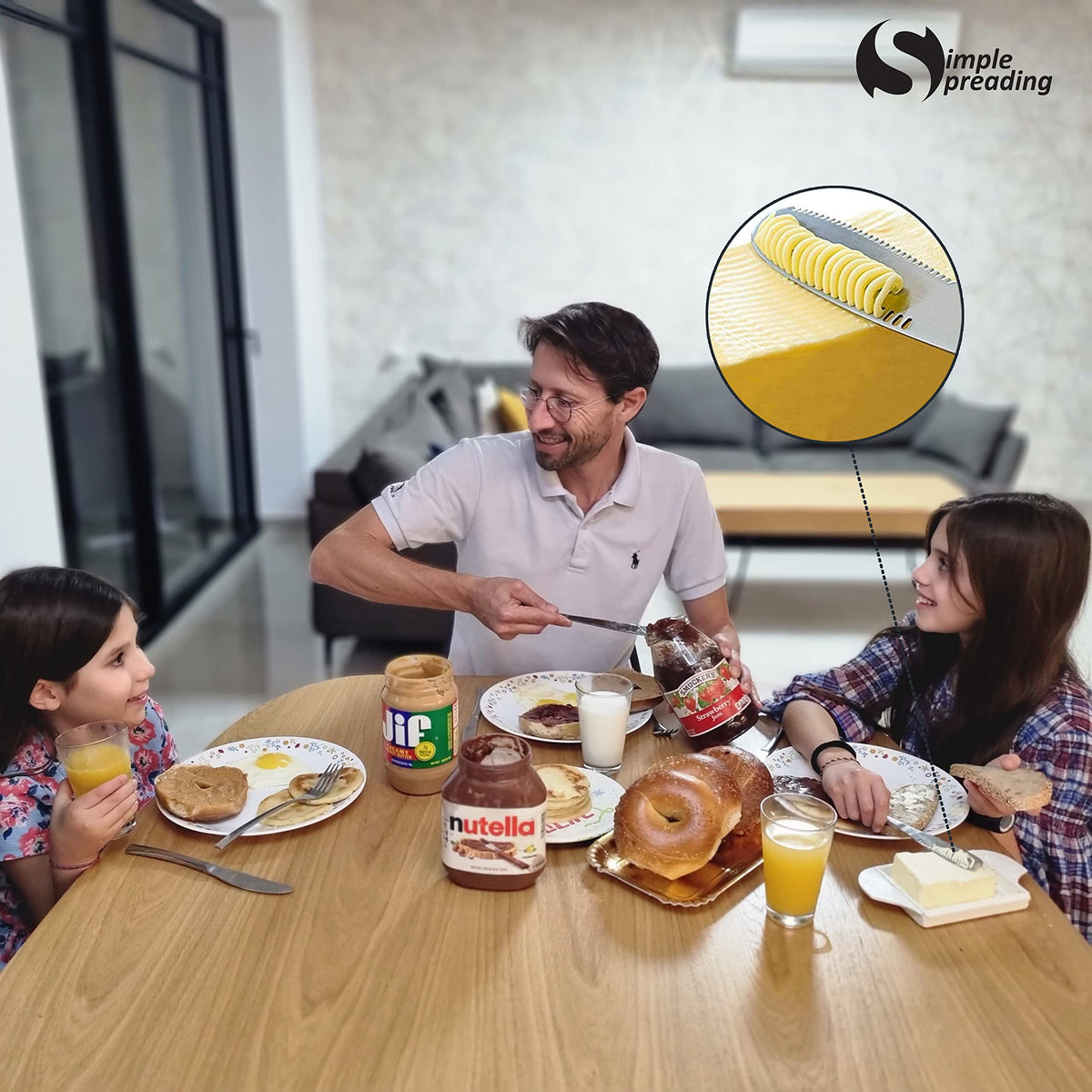 Simple preading butter spreader with curved handle promotes comfortable, safe everyday use.