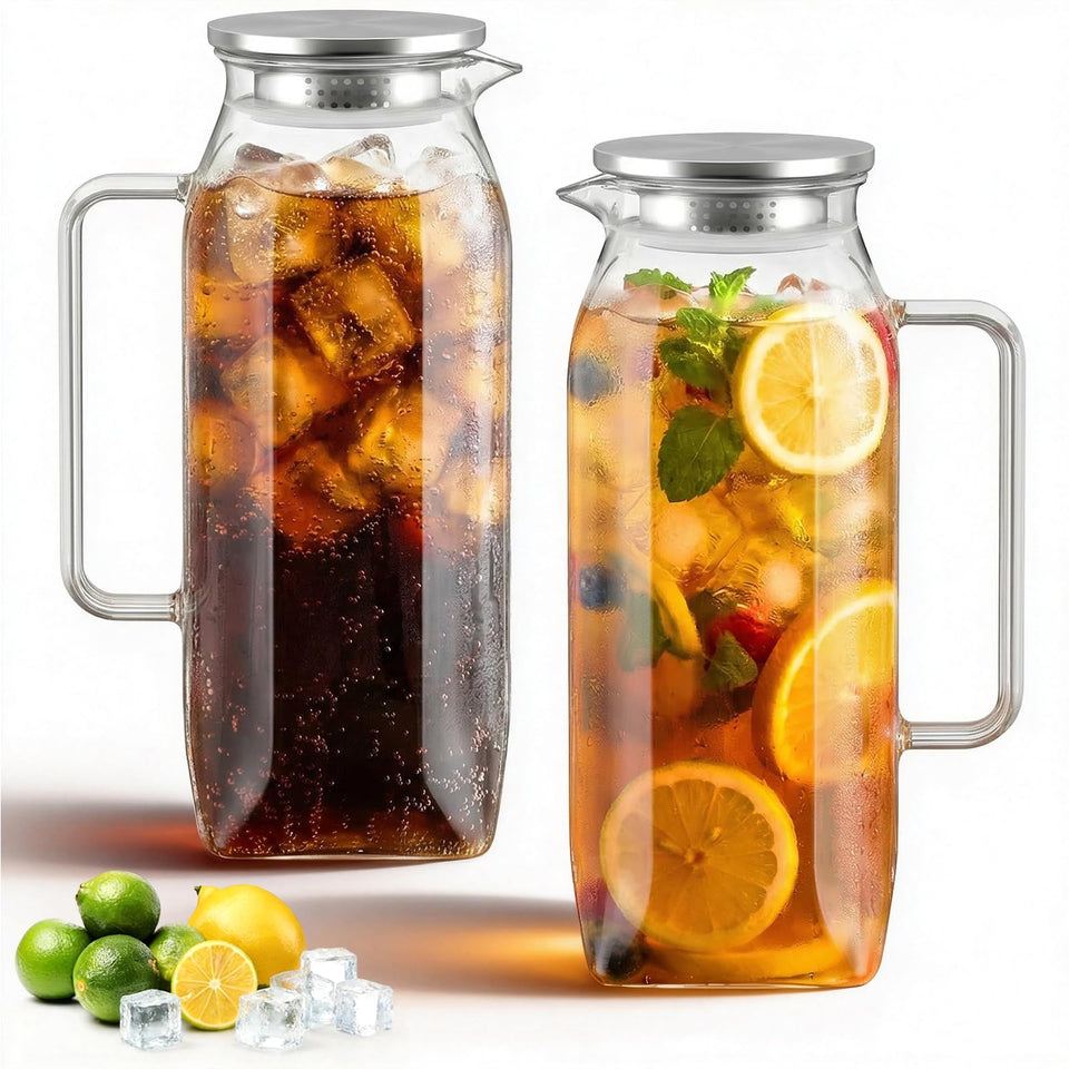 Simple Supplies 2-pack glass pitchers with lids for fridge-ready beverages.