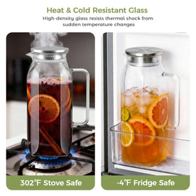 Simple Supplies drip-free lid and smooth pour spout on glass pitcher.