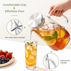 Simple Supplies glass pitcher withstands hot and cold drinks for tea, coffee, or infused water.