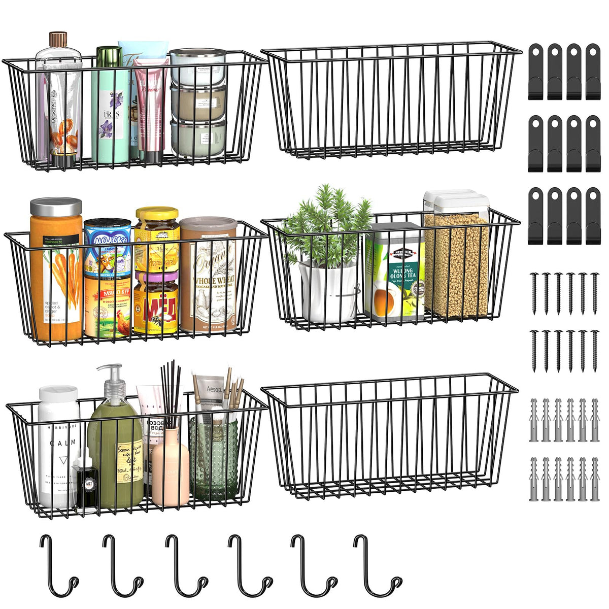 Simple Trending 6-pack wall mount wire baskets organize pantry items and save space.