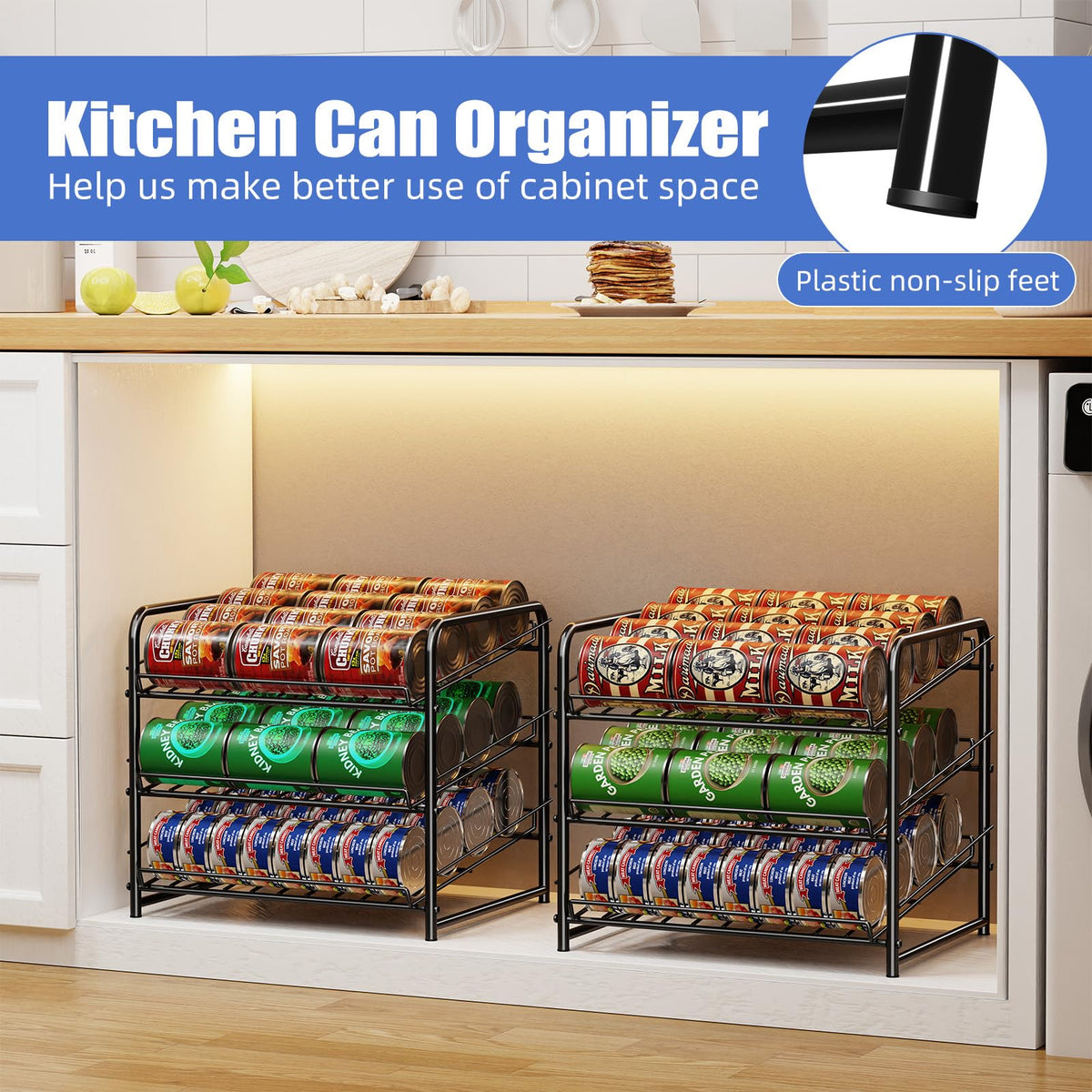 Six adjustable dividers fit different can sizes and jars in Simple Trending rack.