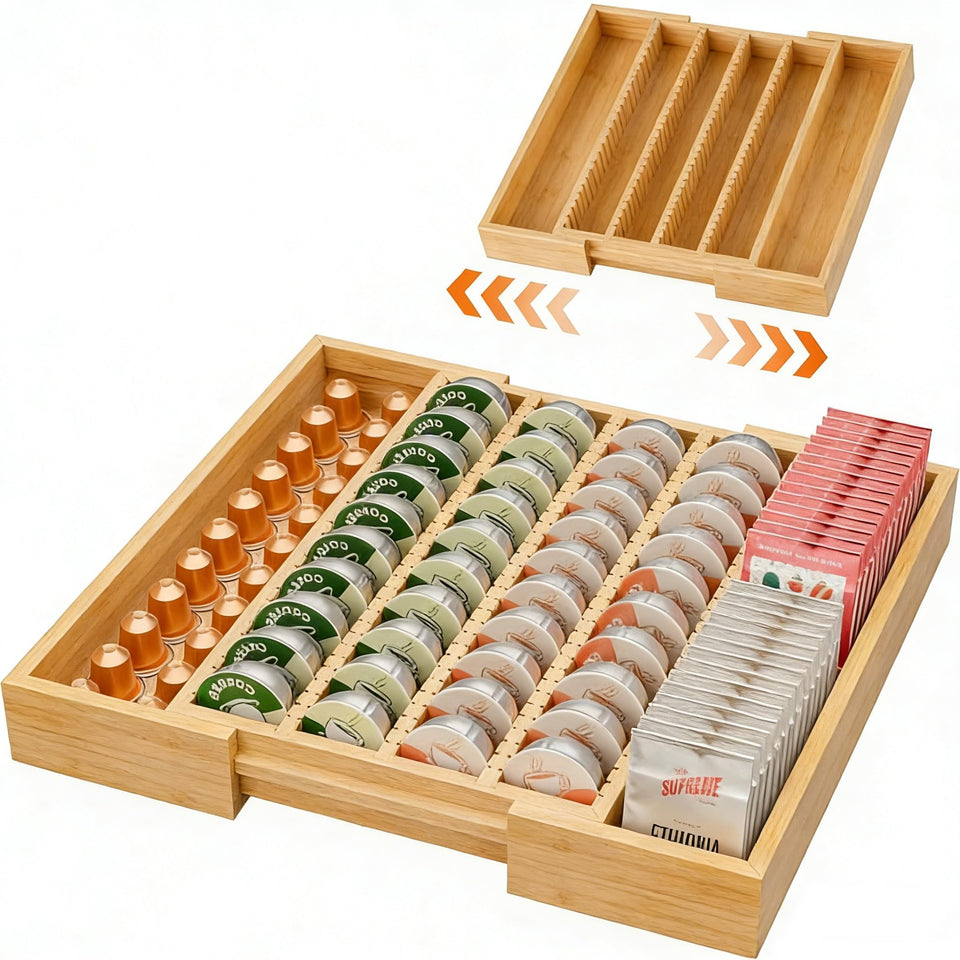 Simple Trending bamboo coffee pod holder extended for wider counter space.