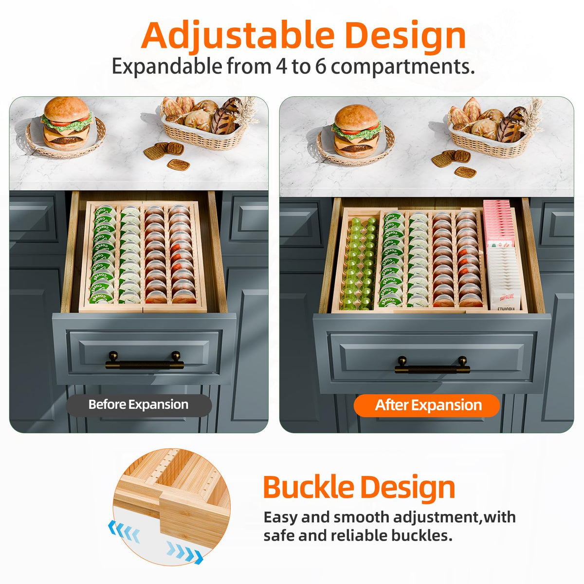 Simple Trending bamboo K-Cup drawer organizer emphasizes durable, natural finish.