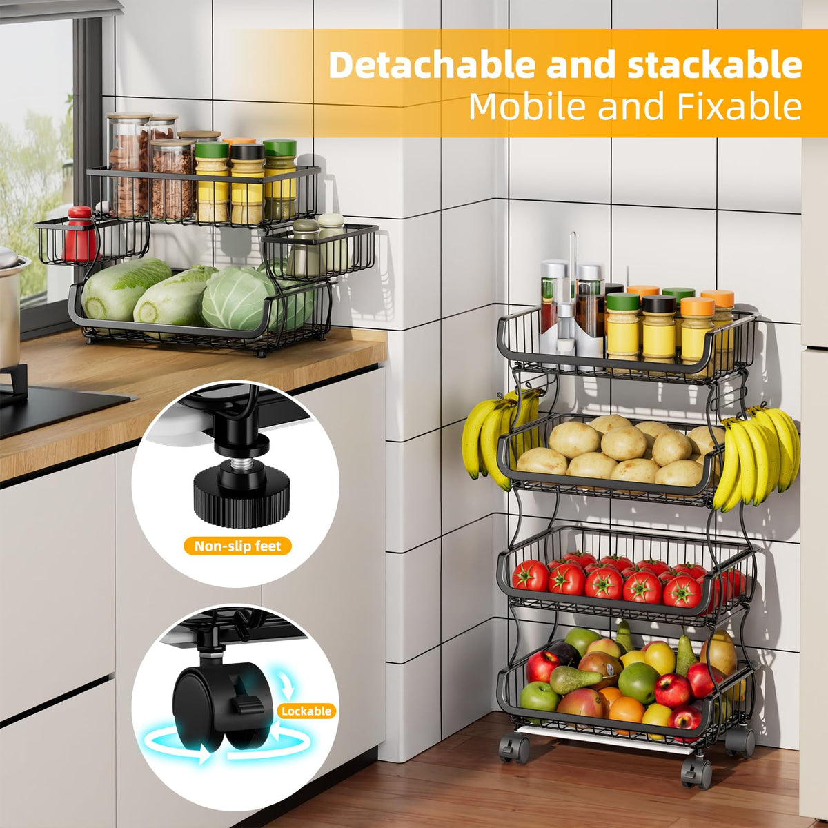 6 hooks on Simple Trending cart keep bananas, rags, and knives within reach.