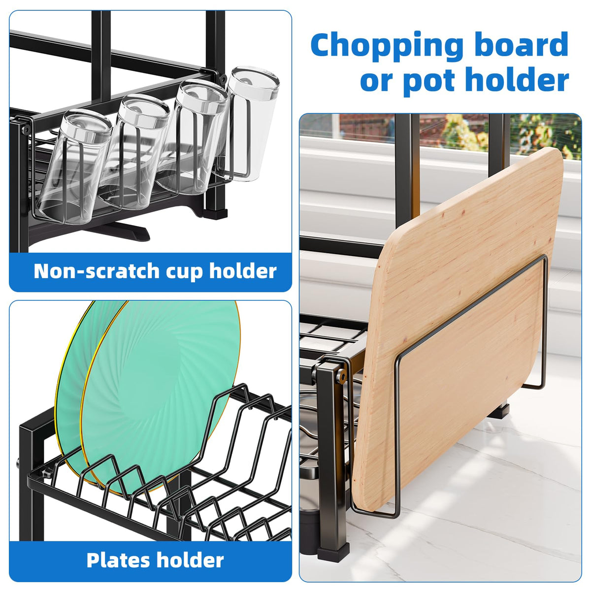 Simple Trending rack shows cup holders and cutting board area for versatile storage