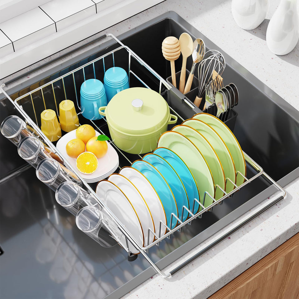 Simple Trending expandable in-sink dish drying rack, side view, saves counter space