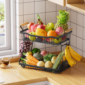 Simple Trending Fruit Basket banana hooks highlight bruising protection and easy banana storage.