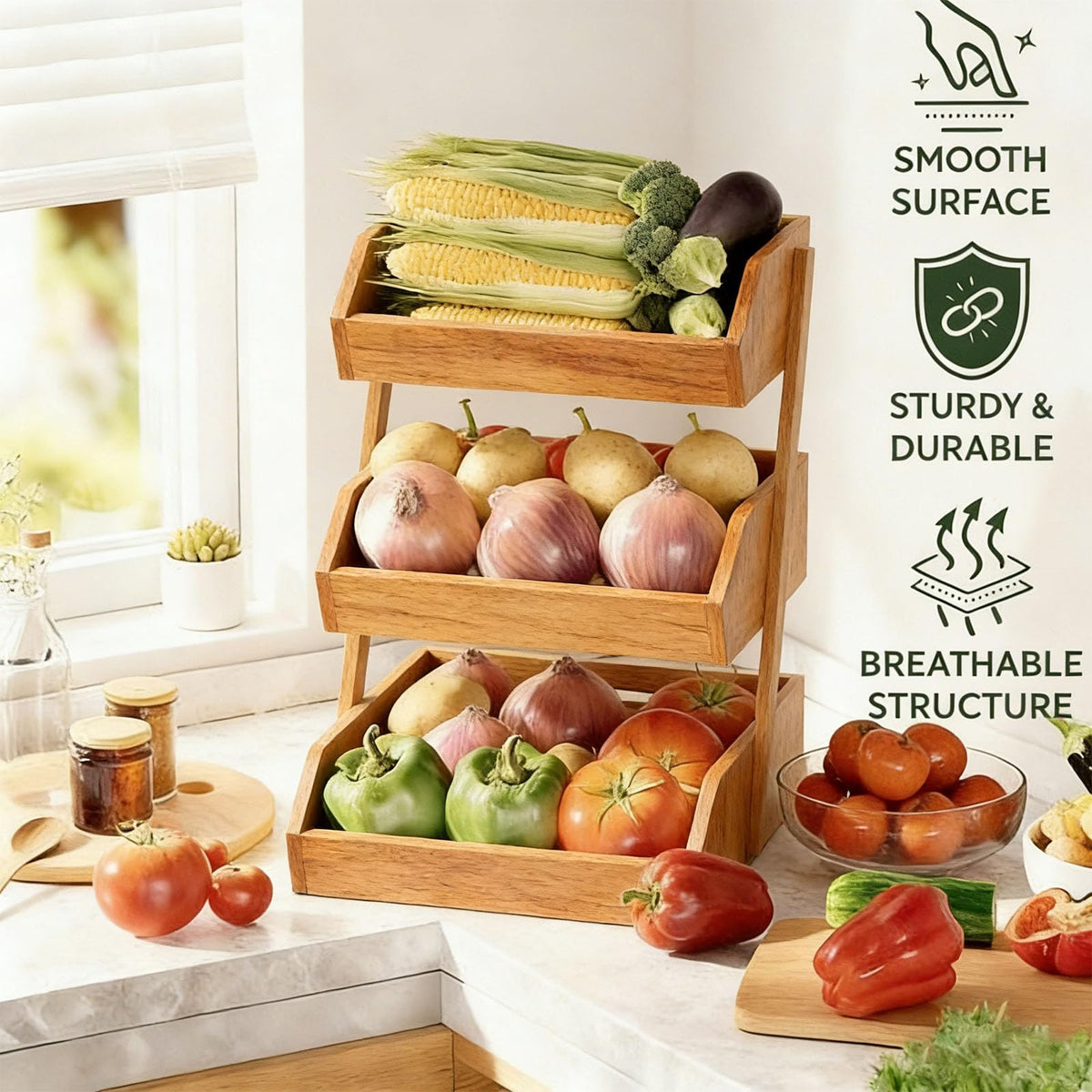 Simple Trending bamboo stand with removable hooks for easy banana hanging.