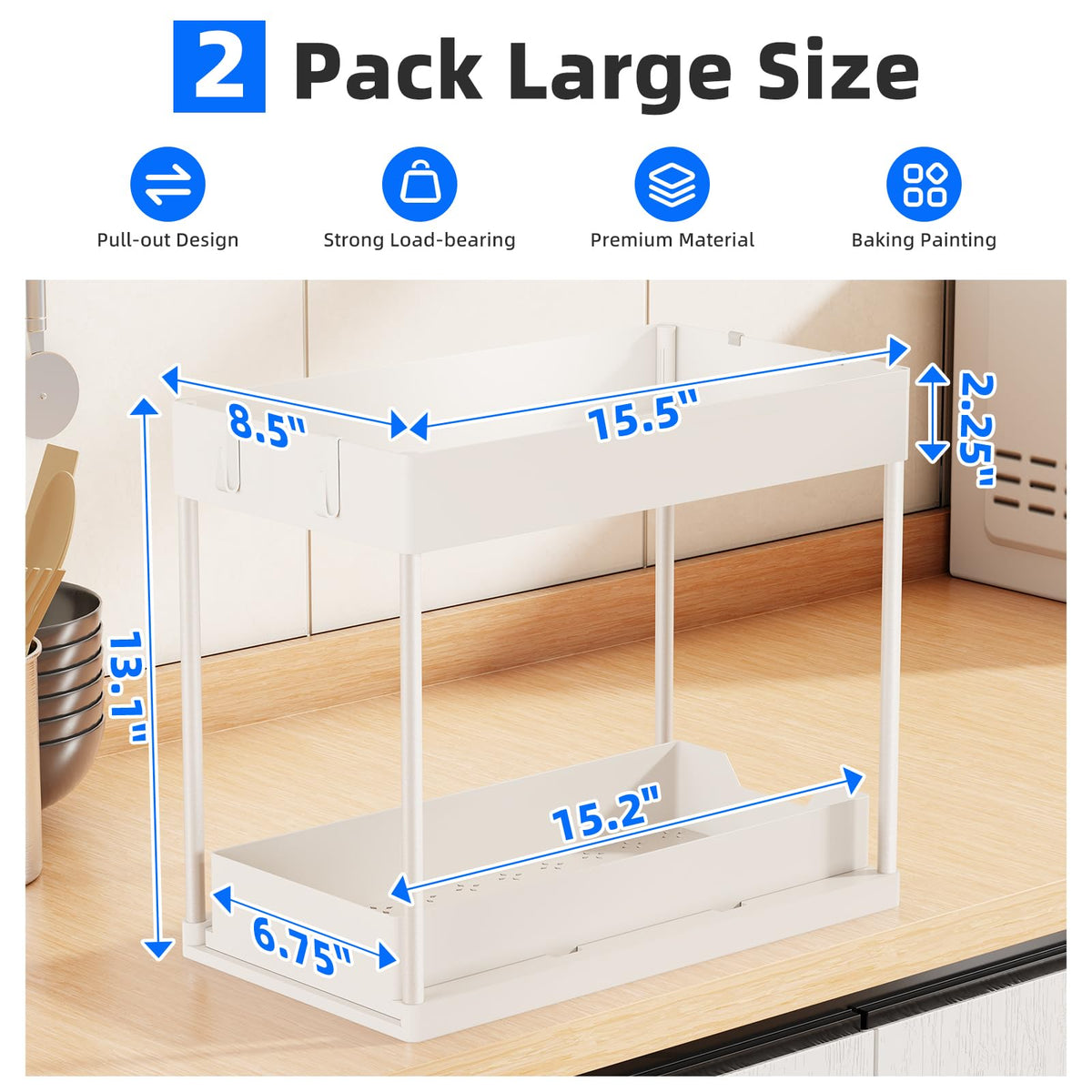 Simple Trending pull-out drawer under sink keeps bottom items reachable.