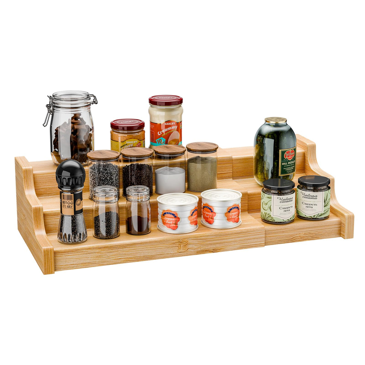 Simple Trending bamboo Spice Rack shows a 3-tier shelf for organized cabinet storage