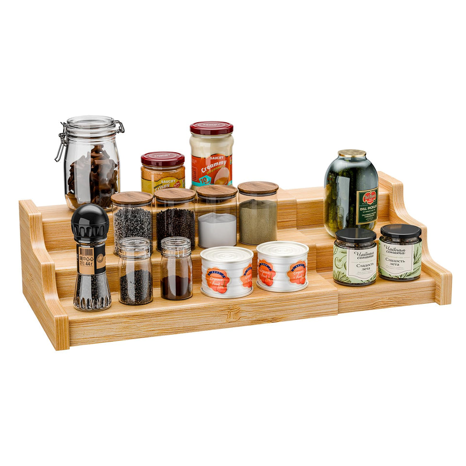 Simple Trending bamboo Spice Rack shows a 3-tier shelf for organized cabinet storage