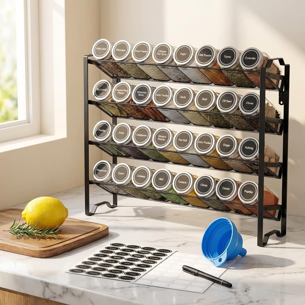 Simple Trending 4-tier spice rack on countertop organizes spices efficiently