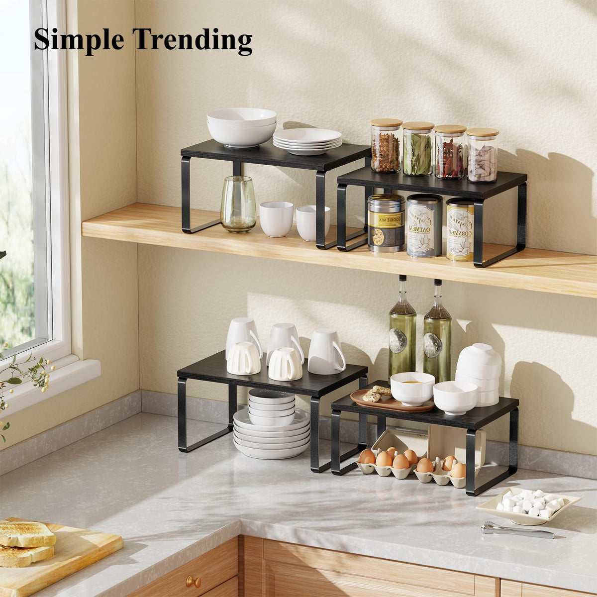 Simple Trending stackable kitchen shelves maximize counter space with modular, adjustable placement.