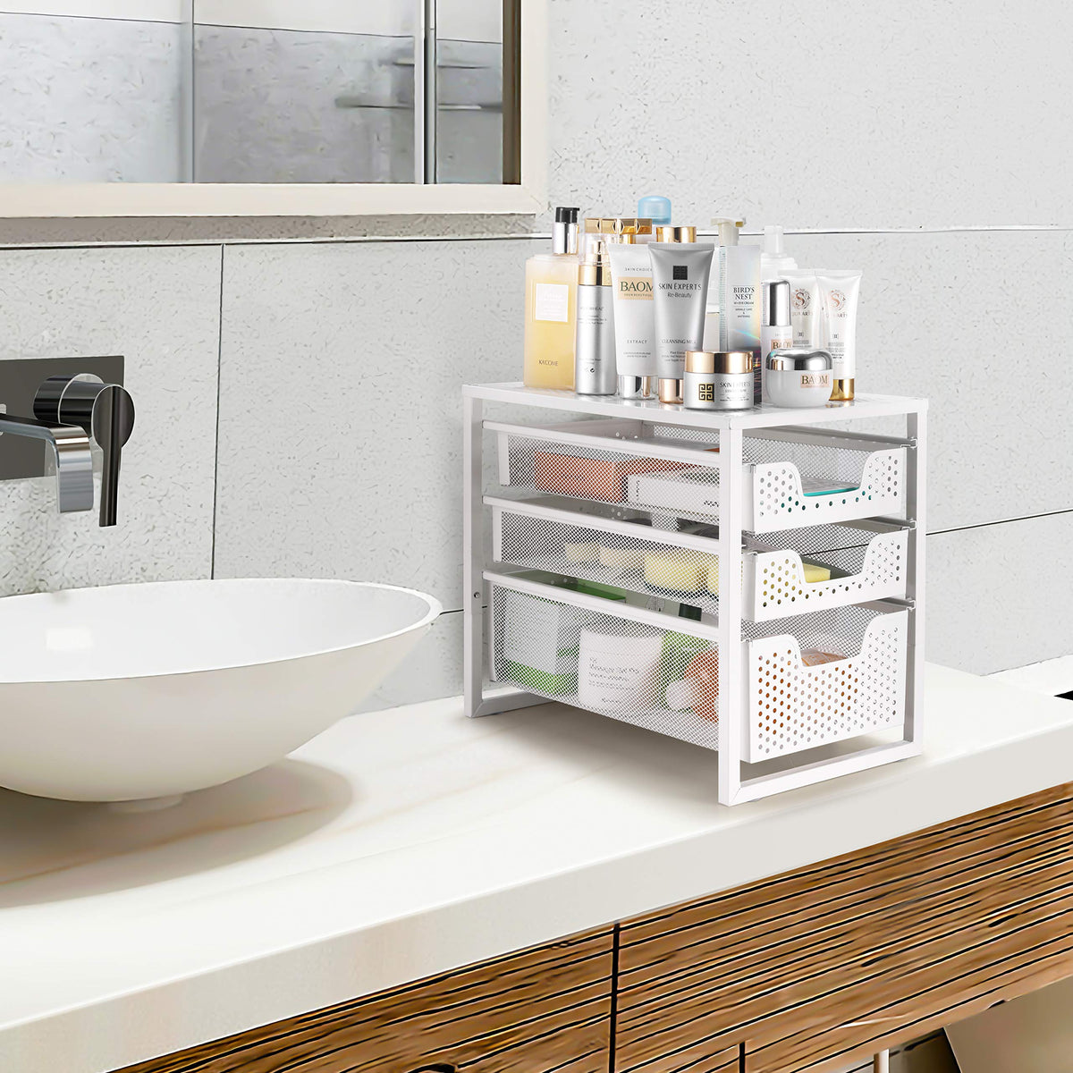 Simple Trending stackable organizer units maximize vertical space.