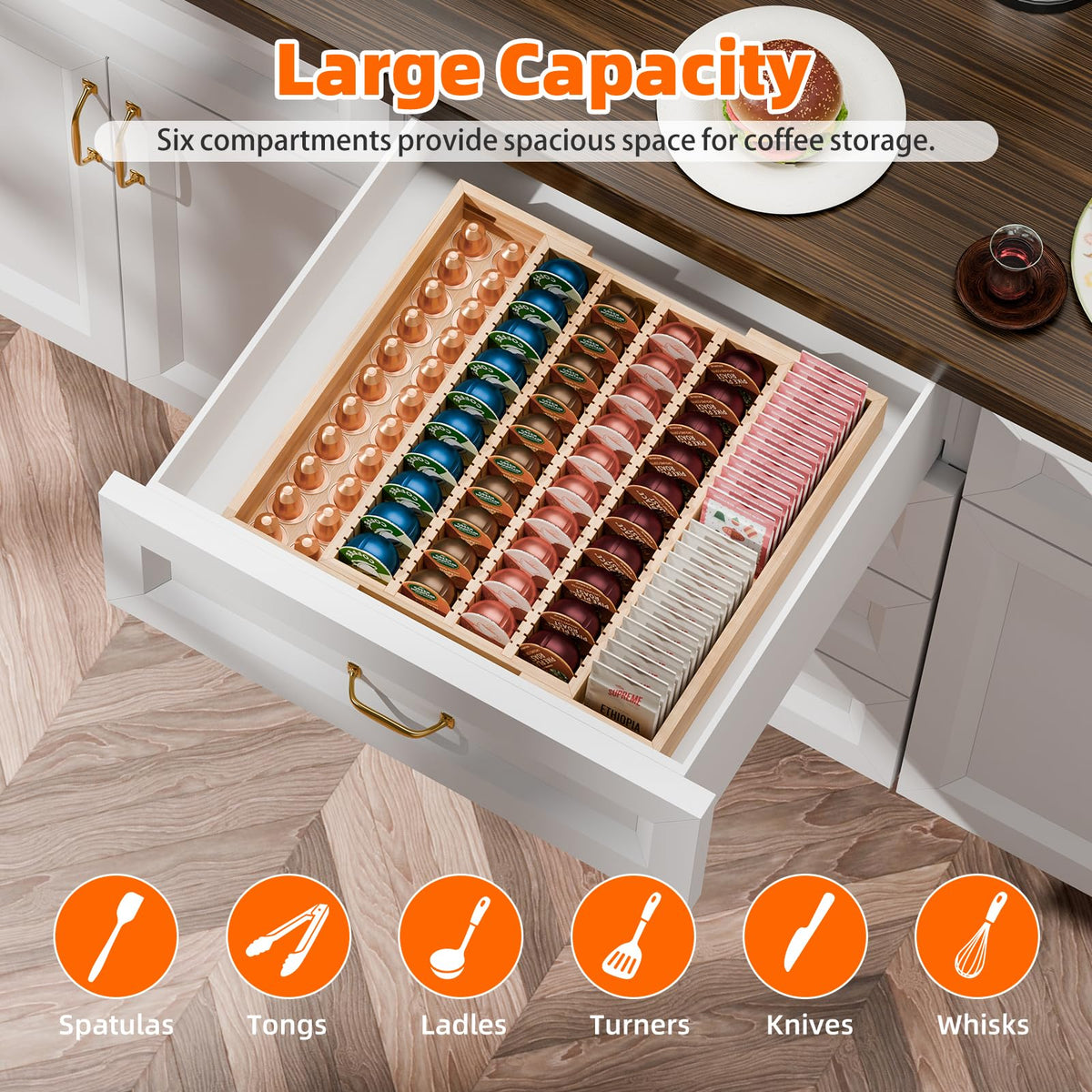 Simple Trending sturdy bamboo capsule organizer on kitchen counter.