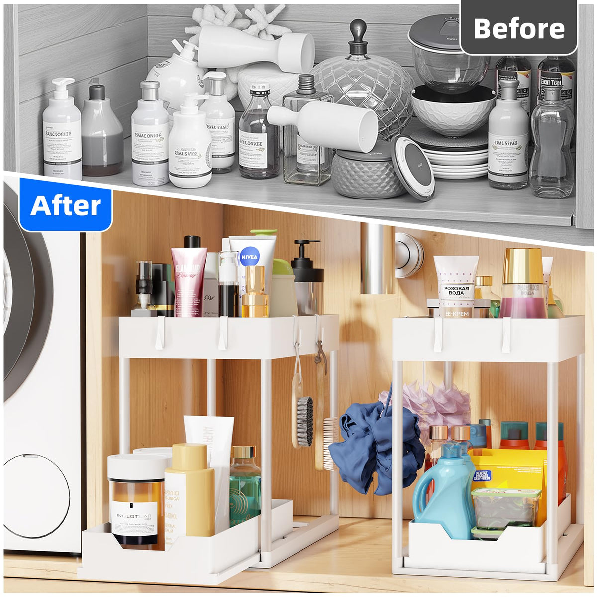 Simple Trending two-tier under-shelf system for kitchen and bathroom storage.