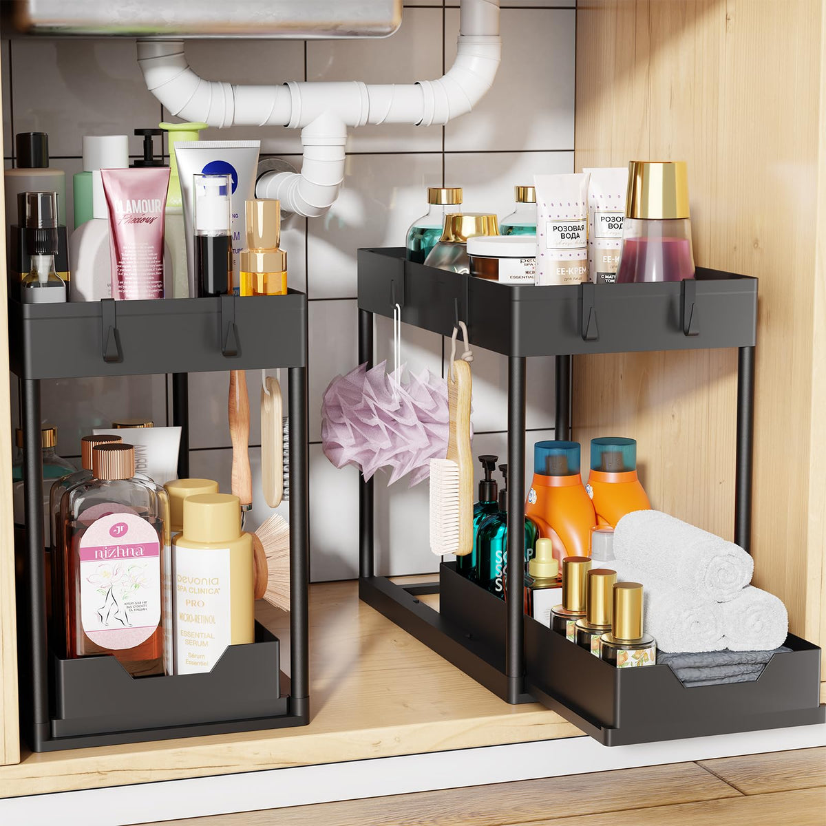 Simple Trending under-sink organizer front view in black for space-saving storage.